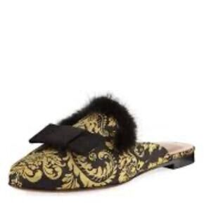 Tabitha Simmons Masha Mink-Trim Brocade Mule Black Gold 40 size 10